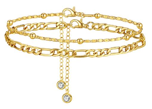 Silver Cuban Link Ankle Bracelet Set