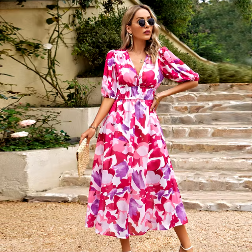 V-Neck Floral Beach Maxi Dress