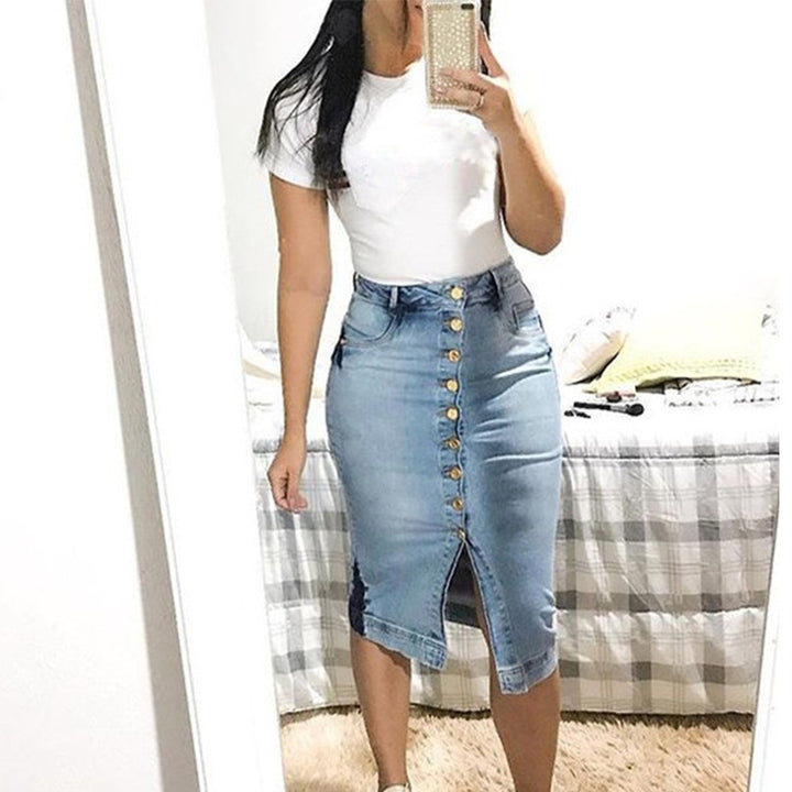 Buttoned Slim Denim Maxi Skirt