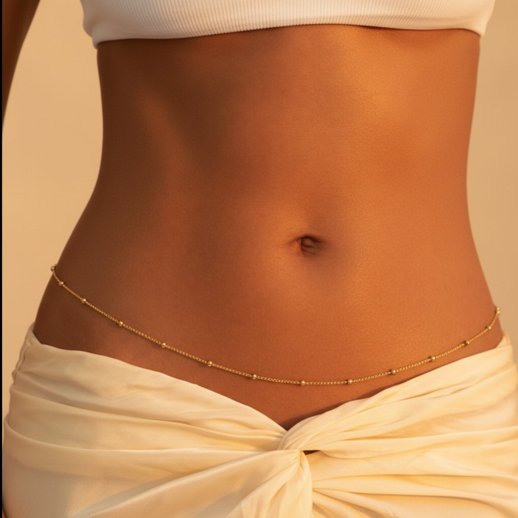 Anika Gold Belly Chain close-up golden hour
