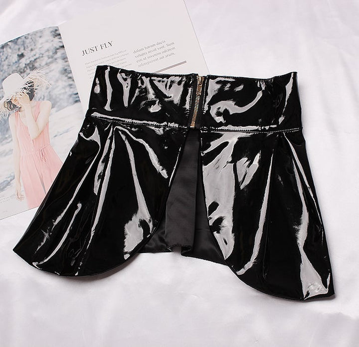 Patent Leather Ruffle Mini Skirt