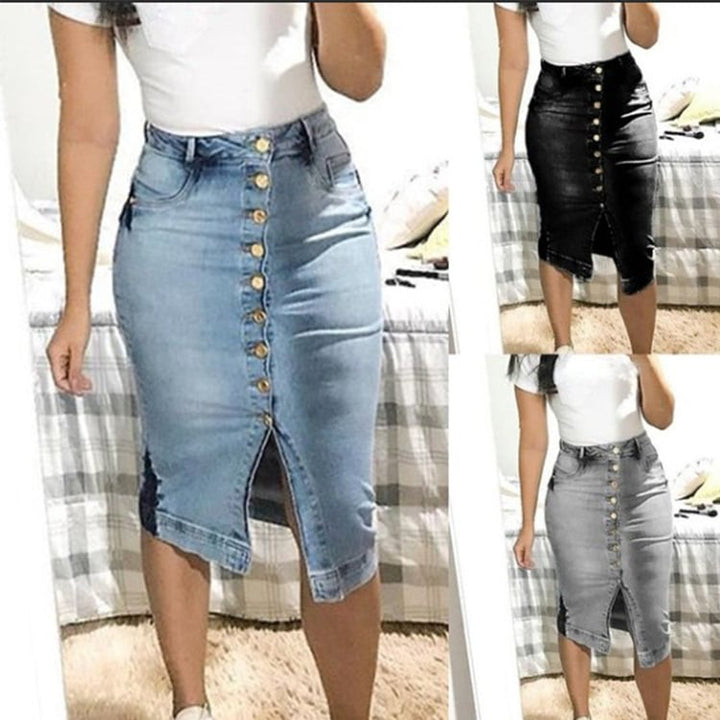 Buttoned Slim Denim Maxi Skirt