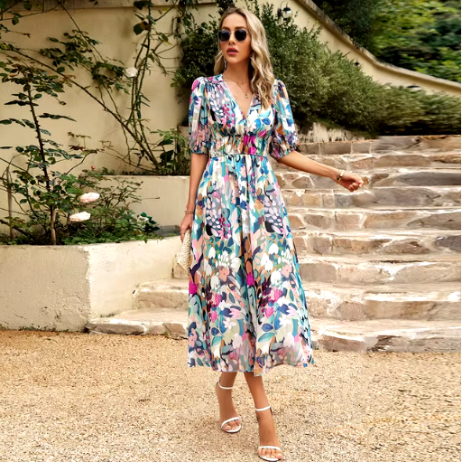 V-Neck Floral Beach Maxi Dress