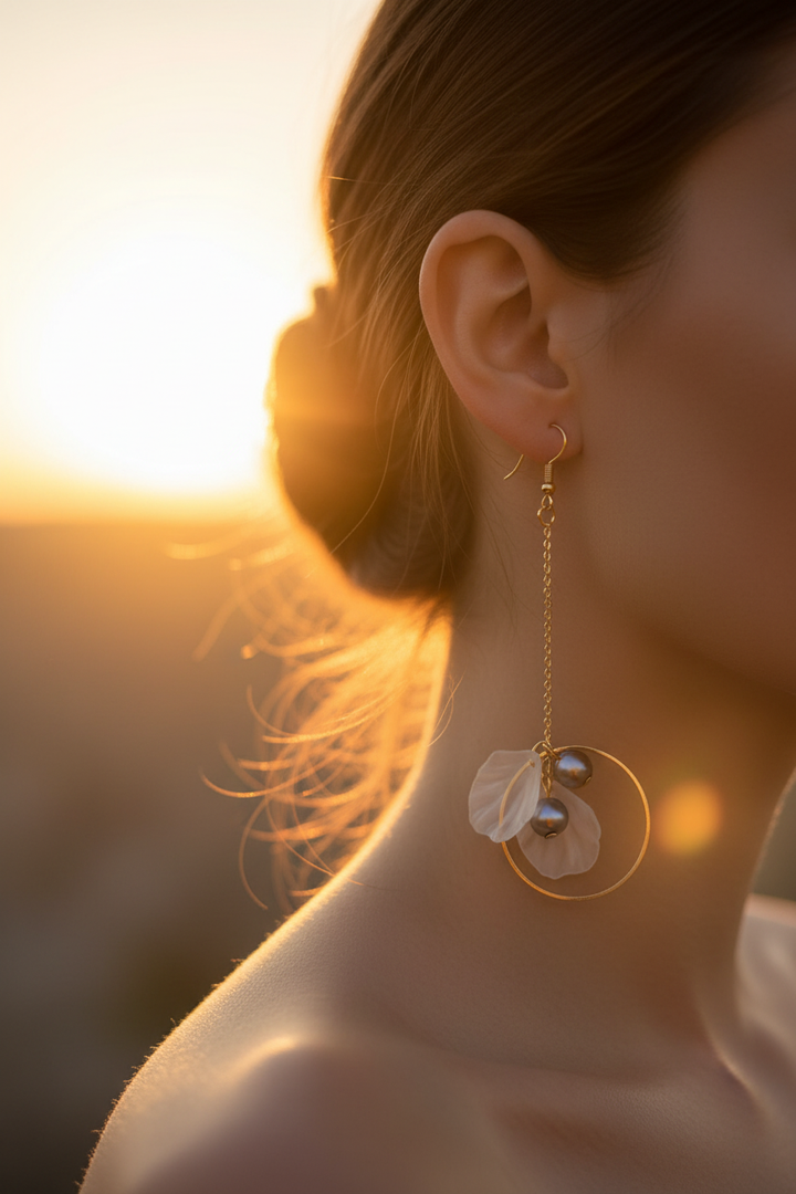 Floral Pearl Earrings - Side Profile Sunset